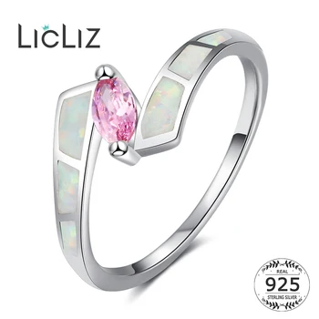 LicLiz 925 Sterling Ezüst Gyűrű Cirkónia A Nők Rózsaszín CZ Szoliter Gyűrű Fehér Opál Gyűrű vízcsepp Esküvői Zenekar Judit LR0381