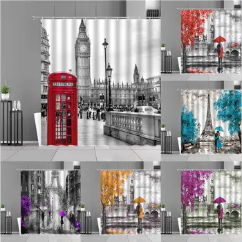 Londonban a Big Ben, Párizsban, Torony Zuhanyzó Függöny Street View Architektúra Fürdő Függöny Pár Haza Fürdőszoba Dekoráció Valentin Napi Ajándék