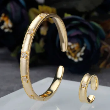 Luxus Grind Arenaceous Karperec & Gyűrű Szett Divat Cirkon CZ Mandzsetta Karkötő Gyűrű Dubai Nők Paty Menyasszony Ékszer Ajándék