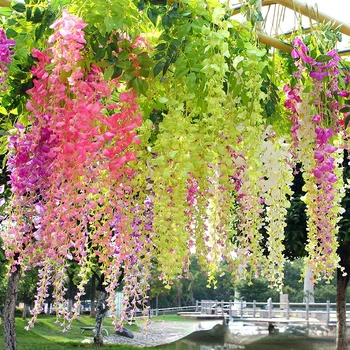 Mesterséges Növény Lila Akác Virág, Falra Rattan Díszítéssel Home Hotel Garden Terem Dekoráció Esküvői Jelenet Felső Medál