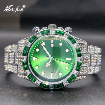 MISSFOX Nézni A Férfiak Klasszikus AAA Jeges Gyémánt Nézi A Zöld Baguette Előlap Fényes Vízálló Óra Luxus Ajándékok Férfiaknak