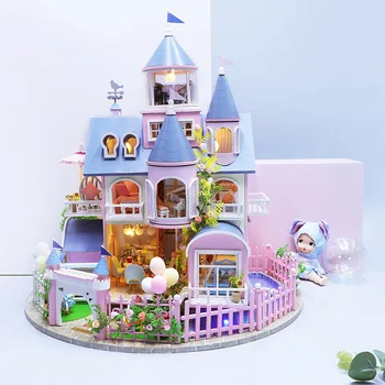 Nagy Dollhosue Diy Ház Kit Miniatűr Épület Kastély, Villa Roombox Kis Babaház Bútorok, Fa Játékok Karácsonyi Ajándék