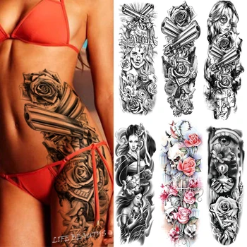 Nagy Kar Hüvely Tetoválás Virág Katona Fegyver Démon Vízálló Ideiglenes Tetoválás Matricák Japán Body Art, Tele Hamis Rose Nők
