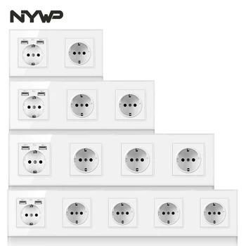 NYWP EU 3-as keret csatlakozódugó 16a földelt hálózati aljzat, USB kimenet, 258mm*86mm edzett üveg panel fehér