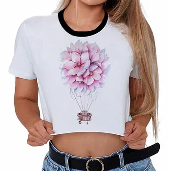 Nyáron Új, Elegáns, Virágos Hőlégballon Nyomtatás Crop Top Női Tshirt Alkalmi póló, Vicces Póló Ajándék Lady Yong Lány Póló