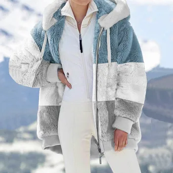 Női Kabát Divat Patchwork Plüss Cipzáras Kapucnis Kabát Téli Meleg műszőrme Zsebében Laza Női Anorák Outwear Plus Size