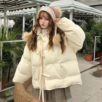 Parkas Női Téli Kabát Harajuku Felsőruházat Plus-size 2XL Rövid Stílus Lace-up Zsebbel Lányok Édes Alkalmi Divat Ulzzang Meleg