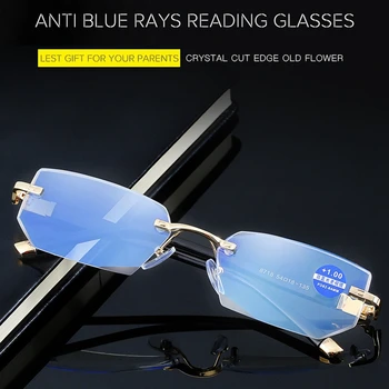 Rimeless Olvasó Szemüveg Anti Kék Fény Kényelmes Keret Nélküli Számítógép Presbyopic Szemüveg Férfiak Nők Gyémánt Vágó