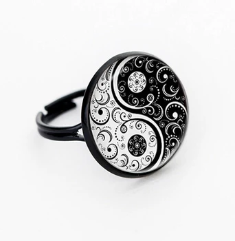 SUTEYI Boszorkány gyűrű, YIN YANG fekete-fehér üveg személyiség mérleg Kerek Kupola ékszer gyűrű állítható gyűrű kézzel készített 100%