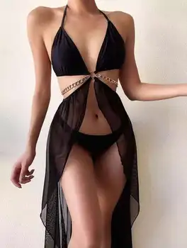 Szexi Fekete Fürdőruha A Szoknya 2 Db Set Női Fém Lánc, Gyűrű, Fürdőruha, fürdőruha Bikini a Brazil Bikini Strandcuccot