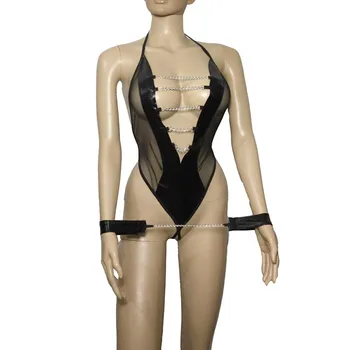 Szexi Női Műbőr Puszta Háló Dressz Bikini Vissza Teddy Kendő Lánc Fejest Nyak Body A Csukló Mandzsetta Fétis, Fehérneműk