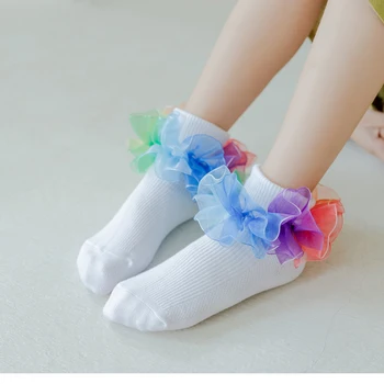 Szivárvány színű fodros pamut zokni gyermek karimás tánc zokni, hercegnő pamut zokni a diákok, kényelmes, breat