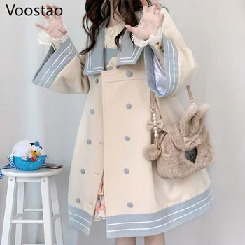 Tavaszi Japán Édes Lolita Stílus Gyapjú Kabát Őszi Nők Aranyos Tengerész Gallér Laza Kabátok Téli Lányos Kawaii Trend Outwear