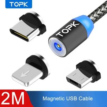 TOPK AM17 2M LED Mágneses USB-Kábel iPhone Xs Max Micro USB-C Típusú Kábel Samsung Fonott Telefon Kábel Mágnes Töltés Drót