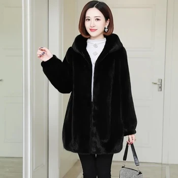 Télen A Nők Nercbundát Koreai Divat Laza Kapucnis Cipzáras Műszőrme Kabát Vastag Meleg Plüss Anya Bársony Prémes Kabátban Plus Size