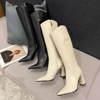 Téli Csizma Női Térd Csizma Magas Sarkú Hegyes Toe Cipőket, Csizmákat 2021 Sűrűsödik Tér Botas De Mujer