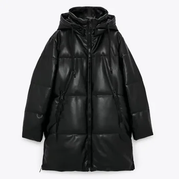 Téli Kapucnis, Bélelt, PU télikabát női Műbőr kabát női laza cipzár kabát alkalmi meleg, hosszú kabát