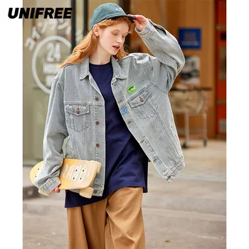 UNIFREE Alapvető Kabátok Női Kék Farmer Kapcsolja le a Gallér koreai Stílus Klasszikus Alkalmi, Laza, Vékony Összes mérkőzés Streetwear Harajuku