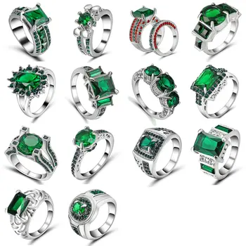 Valentin Napi Ajándék Női Ezüst Bevonatú Esküvő Nagy Színes Gyűrű Zöld Kövek Kristály Cirkon Szettek Gyűrűk Ékszerek Mérete 6