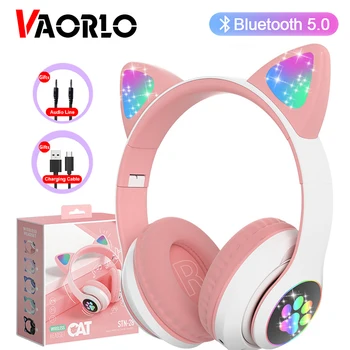 VAORLO Flash Lámpa Aranyos Macska Füle Fejhallgató Bluetooth5.0 Sztereó Mikrofon Támogatás TF Kártya Vezeték nélküli Gyerekek Lány Fülhallgató Születésnapi Ajándék
