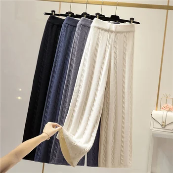 Vastag Kötés Széles-láb Nadrág Nők koreai Divat Harajuku Pantalones Vintage Női bugyi, Ősz, Tél, a Derék Rugalmas