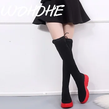 WOHDHE Modern Boot Lace-up Fekete Piros Nők Kerek Toe Át Térd Magas Csizma Platform Szilárd Med Sarok, Hosszú Csizma Tömör Női Cipő