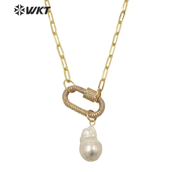 WT-JN152 Nagykereskedelmi divat gyönyörű Természeti édesvízi Barokk Gyöngy nyaklánc, Arany micropave CZ csattal dekoratív nyaklánc