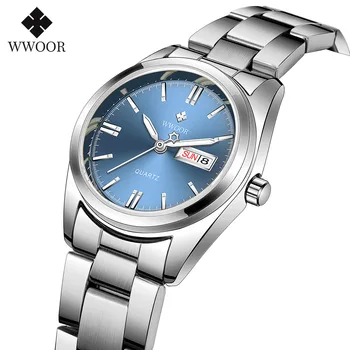 WWOOR 2021 Új Felső Luxus Márka Női Ezüst Kék Karóra Divat Rozsdamentes Acél Quartz Elegáns Vízálló Karóra Reloj Mujer