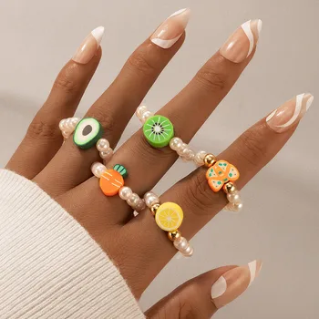 ZOSHI 5db Szimulált Gyöngy, Gyümölcs Gyöngyös Rugalmas Gyűrűk, a Nők koreai Cukorka Színű Gyűrűk Ujját Kézzel készített Ékszerek, Gyűrű Készlet