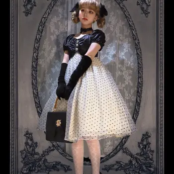 Édes Lolita Ruha Napi Retro Pöttyös Hercegnő Vintage Ruha, Elegáns Ruha, Viktoriánus Gótikus Ruhás Lány