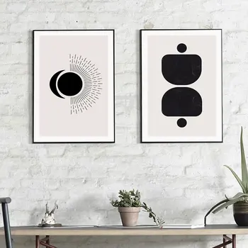 Északi Poszter Absztrakt Geometriai Vászon Modern Fekete Nap, A Hold Festmény, Art Print Fali Kép Él, Hálószoba, Lakberendezés