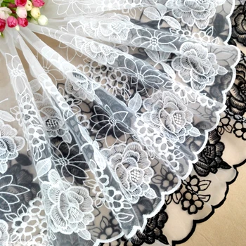 Buulqo Fehér fekete csipke szegéllyel 100 * 42cm széles francia organza hímzés, csipke szegéllyel szövet Kézműves esküvői ruha berendezés