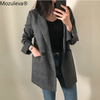 Mozuleva 2022 Vintage Bouble Mellű Kockás Női Blézer Sűrűsödik Tavaszi Őszi Kabátok Női Ruhák Kabát Munka magas minőség